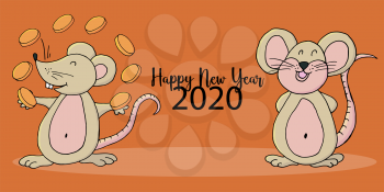 Year of the Rat. 2020 inscription. Happy New Year 2020. Web banner, print, typography. Symbol of the year. Two rats. Cartoon style