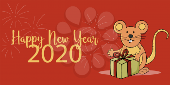 Year of the Rat. 2020 inscription. Happy New Year 2020. Web banner, print, typography. Symbol of the year with a gift in cartoon style