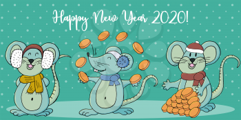 Year of the Rat. 2020 inscription on a blue background. Happy New Year 2020. Cartoon style. Web banner, print, typography. Three rats