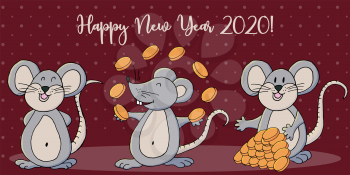 Year of the Rat. 2020 inscription on a red background. Happy New Year 2020. Web banner, print, typography. Symbol of the year. Three rats. Cartoon style