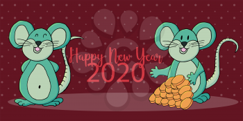 Year of the Rat. 2020 inscription on a red background. Happy New Year 2020. Web banner, print, typography. Symbol of the year. Two rats. Cartoon style