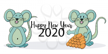 Year of the Rat. 2020 inscription on a white background. Happy New Year 2020. Banner, flyer, postcard. Symbol of the year. Two rats. Cartoon style