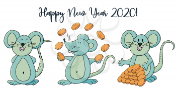 Year of the Rat. 2020 inscription on a white background. Happy New Year 2020. Banner, postcard. Symbol of the year. Three rats. Cartoon style