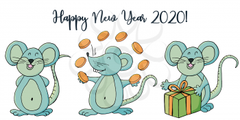Year of the Rat. 2020 inscription on a white background. Happy New Year 2020. Cartoon style Banner, flyer, postcard. Symbol of the year. Three rats