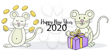 Year of the Rat. 2020 inscription on a white background. Happy New Year 2020. Cartoon style Banner, flyer, postcard. Symbol of the year. Two rats