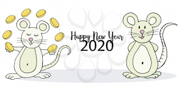Year of the Rat. 2020 inscription on a white background. Happy New Year 2020. Cartoon style Banner, flyer. Symbol of the year. Two rats