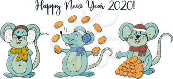 Year of the Rat. 2020 inscription on a white background. Happy New Year 2020. Cartoon style Banner, postcard. Symbol of the year. Three rats