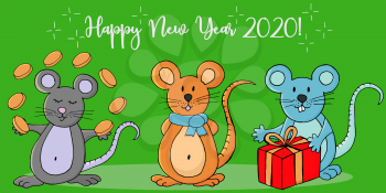 Year of the Rat. 2020 inscription on a white background. Happy New Year 2020. Web banner, print, typography. Symbol of the year. Three rats. Cartoon style