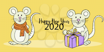 Year of the Rat. 2020 inscription on a yellow background. Happy New Year 2020. Banner, flyer. Symbol of the year. Two rats. Cartoon style