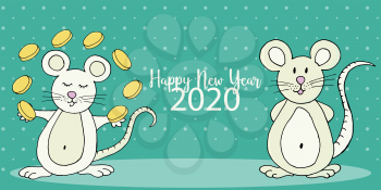 Year of the Rat. 2020 inscription, Web banner, print, typography. Happy New Year 2020. Cartoon style. Symbol of the year. Two rats