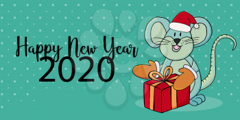 Year of the Rat. 2020 typographic inscription. Happy New Year 2020. Banner, flyer, postcard. Symbol of the year with a gift, in a New Year hat in cartoon style
