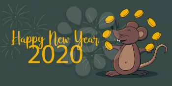 Year of the Rat. 2020 typographic inscription. Happy New Year 2020. Banner, flyer, postcard. Symbol of the year with coins in cartoon style