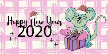 Year of the Rat. 2020 typographic inscription. Happy New Year 2020. Banner, flyer. Symbol of the year with a gift, in a New Year hat in cartoon style