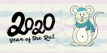 Year of the Rat. 2020 typographic inscription. Happy New Year 2020. Web banner, print, typography. Symbol of the year in a hat and scarf. Cartoon style