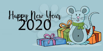 Year of the Rat. 2020 typographic inscription. Happy New Year 2020. Web banner, print, typography. Symbol of the year in a scarf. Cartoon