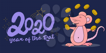 Year of the Rat. 2020 typographic inscription. Happy New Year 2020. Web banner, print, typography. Symbol of the year with coins in cartoon style