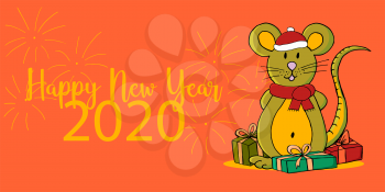 Year of the Rat. 2020 typographic inscription. Happy New Year 2020. Web banner, print, typography. Symbol of the year with gifts, in a hat and scarf