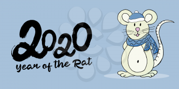Year of the Rat. 2020 typographic inscription on a blue background. Happy New Year 2020. Banner, flyer, postcard. Symbol of the year in a hat and scarf. Cartoon style