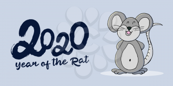 Year of the Rat. 2020 typographic inscription on a gray background. Happy New Year 2020. Banner, flyer, postcard. Symbol of the year Cartoon style