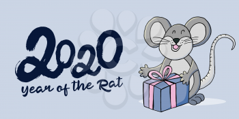 Year of the Rat. 2020 typographic inscription on a Gray background. Happy New Year 2020. Banner. Symbol of the year with a gift in cartoon style