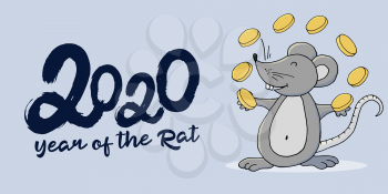 Year of the Rat. 2020 typographic inscription on a Gray background. Happy New Year 2020. Banner. Symbol of the year with coins in cartoon style