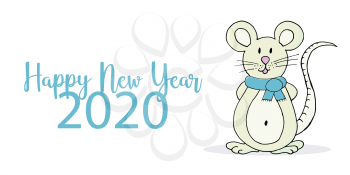 Year of the Rat. 2020 typographic inscription on a white background. Happy New Year 2020. Banner, flyer, postcard. Symbol of the year in a scarf. Cartoon style