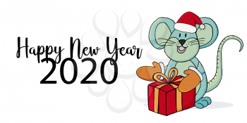 Year of the Rat. 2020 typographic inscription on a white background. Happy New Year 2020. Banner, flyer, postcard. Symbol of the year with a gift, in a New Year hat in cartoon style