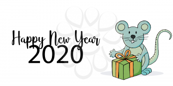 Year of the Rat. 2020 typographic inscription on a white background. Happy New Year 2020. Banner, flyer, postcard. Symbol of the year with a gift in cartoon style