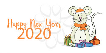 Year of the Rat. 2020 typographic inscription on a white background. Happy New Year 2020. Banner, flyer, postcard. Symbol of the year with gifts, in a hat and scarf. Cartoon style