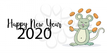 Year of the Rat. 2020 typographic inscription on a white background. Happy New Year 2020. Banner, postcard. Symbol of the year with coins in cartoon style
