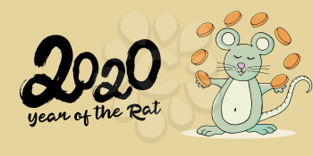 Year of the Rat. 2020 typographic inscription on a yellow background. Happy New Year 2020. Banner, flyer, postcard. Symbol of the year with coins. Cartoon style