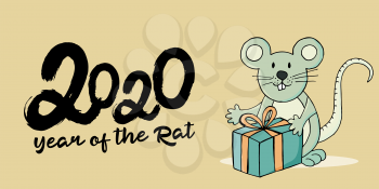 Year of the Rat. 2020 typographic inscription on a yellow background. Happy New Year 2020. Banner, flyer. Symbol of the year with a gift in cartoon style