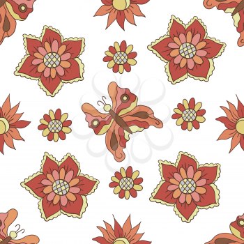 Seamless pattern. Autumn flowers. Butterflies. The pastel brown, orange and pink