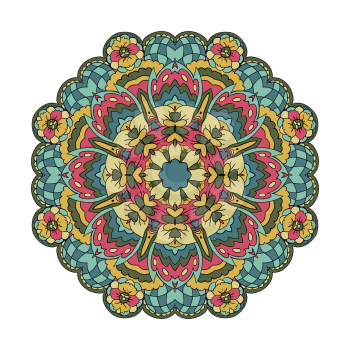 Traditional round ornament. Oriental pattern. Mandala. Doodle drawing. Blue, yellow and pink colors