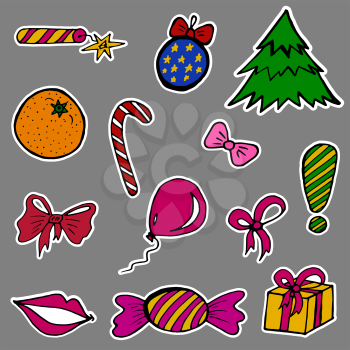 A set of fashion labels, badges for the New Year holidays. Christmas tree, gift, toys, candy, crackers. Every object on a separate layer