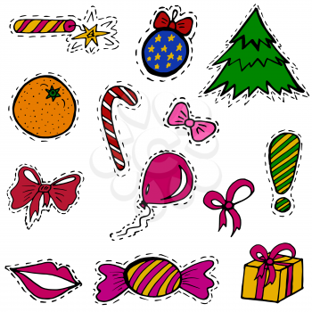 A set of fashion labels, badges for the New Year holidays. Christmas tree, gift, toys, candy, crackers. Vector figures on a white background. Every object on a separate layer