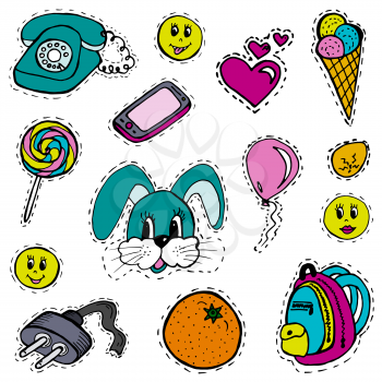 A set of fashion labels, badges. Hare, orange, smilies, old phone, mobile phone, heart, jack, balloon, egg, backpack, ice cream. Vector figures on a white background, on separate layers. Stickers, pins