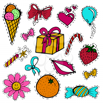 A set of fashion labels, badges. Ice cream, flower, candy, ribbons, balloons. Vector figures on a white background. Every object on a separate layer. Stickers, pins, patches, cartoon and comic style