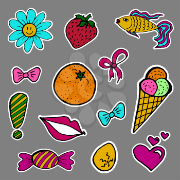 A set of fashion labels, badges. Ice cream, flowers, strawberries, bows, fish. Every object on a separate layer. Stickers, pins, patches, cartoon and comic style