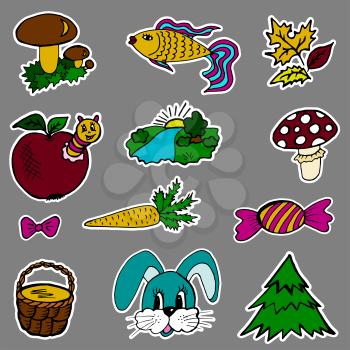 A set of fashion labels, badges. Mushrooms, mushroom, sweet, bow, fish, apple, caterpillar, carrots, autumn leaves, rabbit, pottle, fir. Stickers, pins