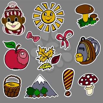 A set of fashion labels, badges. The exclamation point, monkey, mushrooms, mushroom, pottle, mountain, apple, autumn leaves, bows, sun, backpack