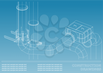 Construction drawings. 3D metal construction. Pipes, piping. Cover, background for text. Blue and white