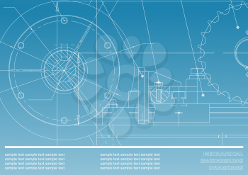 Vector drawing. Mechanical drawings on a blue and white background. Engineering