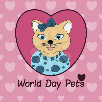 World Day Pets. A cat with a blue bow. Print for clothing, postcards. Love in pets