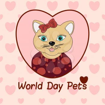 World Day Pets. A cat with a brown bow. Print for clothing, postcards. Love in pets