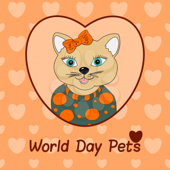 World Day Pets. A cat with a orange bow. Print for clothing, postcards. Love in pets