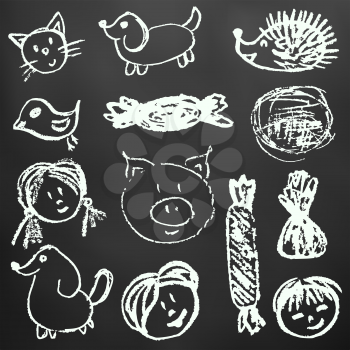 Children's drawings. Elements for the design of postcards, backgrounds, packaging. Chalk on a blackboard. Persons, children, pig, hedgehog, hare, sweets