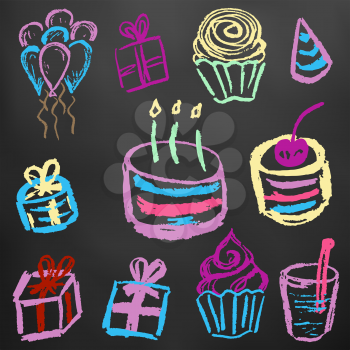 Children's drawings. Elements for the design of postcards, backgrounds, packaging. Color chalk on a blackboard. Birthday, cake, sweets, balls, gifts