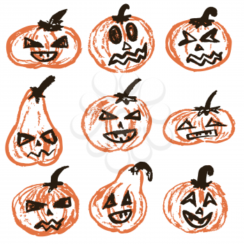 Halloween. A set of festive pumpkins. Vector illustration. A collection of funny faces. Autumn holidays. Fun, children