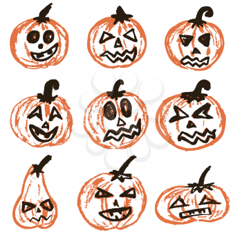 Halloween. A set of festive pumpkins. Vector illustration. A collection of funny faces. Autumn holidays. Fun, children, traditions